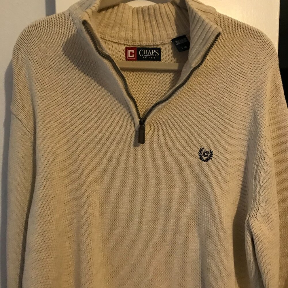 Ralph Lauren Chaps L/G men's half zip sweater, tan/cream colored. 100% cotton.